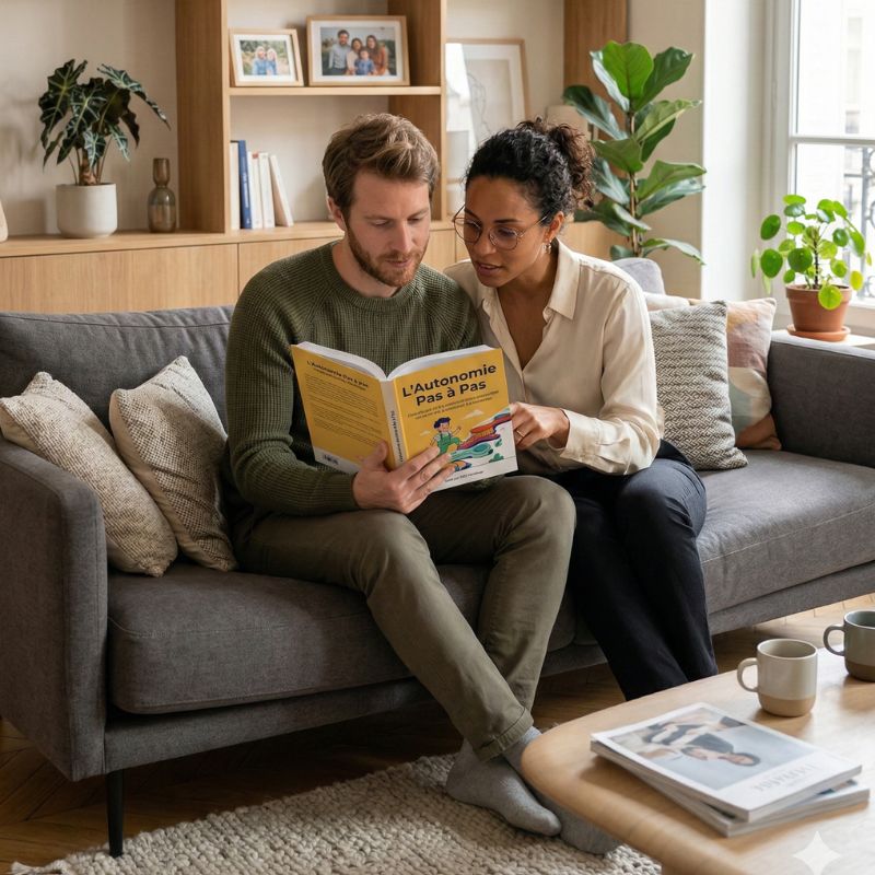 Parents lisant le guide L'Autonomie Pas &agrave; Pas