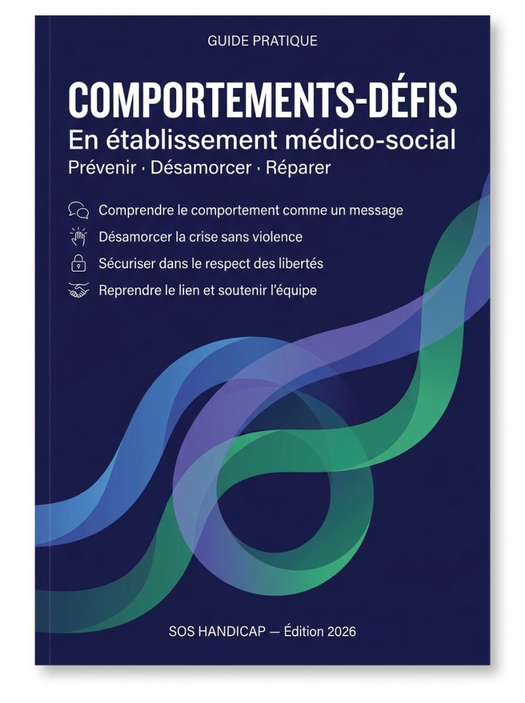 Couverture du guide pratique Comportements-défis en établissement médico-social — SOS Handicap